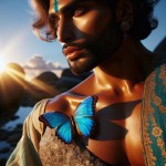 یک پروانه آبی روی شانه یک مرد مقدس نورانی
