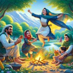 تصویر یک خانواده ایرانی که شامل یک مادر و پدر و دو دختربچه هستند و در حال گردش در طبیعت‌اند. پدر در حال درست‌کردن آتش و مادر در حال بازی‌کردن و دویدن با فرزندانش است. همه افراد خوشحال‌اند و طبیعت زیبا و بکر  و بهاری است.