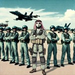 تصویری کمیک بوک  از یک باند فرودگاه هواپیماهای جنگنده که یک خلبان ایرانی در لباس خلبانان جنگنده که دارد به همراه 9 نوجوان پسر ایرانی که آنها نیز لباس خلبانان جنگنده را بر تن دارند