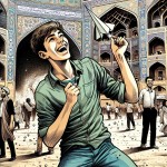 تصویری کمیک بوک از یک پسر حدودا 17 ساله  ایرانی که لاغر و بلند قد است  و در حال خندیدن است  که در میدان نقش جهان اصفهان ایستاده است و مشغول پرت کردن موشکی کاغذی است