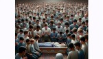 ده‌ها پسر در حال خواندن نماز میت بر تابوتی هستند که درون آن، دختری زیبا بدون حجاب آرامیده است