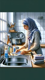 تصویر زن ایرانی با حجاب در حال تمیز کردن آشپزخانه است