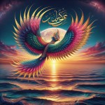 تصویر یک سیمرغ که بر بالای خلیج فارس در حال پرواز است و بر روی آب دریا نوشته شده است خلیج فارسی