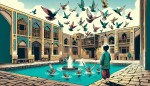 تصویری کمیک بوک از یک خانه قدیمی ایرانی که در آن پر از قفس پرندگان مختلف است پسری ایرانی حدودا 8 ساله میان حیاط کنار حوض فیروزه ای رنگ ایستاده است ، در تمام قفس ها باز شده و پرندگان دسته دسته در حال پرواز به سوی آسمان هستند و پسر با شادمانی و اشتیاق مشغول تماشای پرواز آنهاست