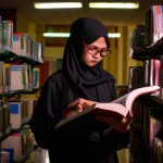 دختر نوجوان محجبه و علاقمند به کتاب، در حال کتاب خواندن در کتابخانه بزرگ.