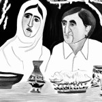 مرد و زن ایرانی را نقاشی کن که سر میز غذا میخورند
