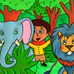 کودک و فیل و شیر در جنگل به روبه تصویر کارتونی