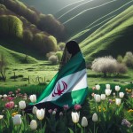 در دشت  پر از لاله و چمن زنانی با حجاب چادری رو به غروب پشت به دوربین و در دستشان پرچم ایران