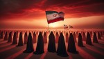 در دشت لاله زار زنانی با حجاب چادری رو به غروب پشت به دوربین  و در دستشان پرچم ایران