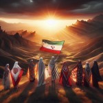 در دشت لاله زار زنانی با حجاب لباس کردی رو به غروب پشت به دوربین و در دستشان پرچم ایران