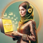عکس ایستاده یک خانم معلم ایرانی زیبا و با حجاب و لباس معمولی رو بساز که هدفون به گوش داشته باشد و یک لپتاپ در دستش گرفته باشد. پشت لپ تاپ عبارت "زبان جو" با فونت قطر و رنگ زرد نوشته شده باشد. پس زمینه پشت خانم به رنگ سبز روشن زیبا باشد.
