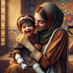 یک دختر بچه با بیماری فلج اطفال در آغوش مادر ایرانی