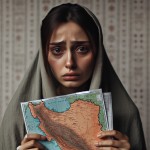 یک مادر با ناراحتی نقشه ایران را در آغوش گرفته است