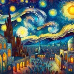 یک نقاشی از ایران باستان بساز که آسمان آن مثل آسمان شب پرستاره ونگوگ باشد