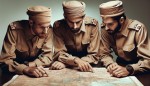 سه فرمانده  ایرانی (دوران دفاع مقدس) با لباس خاکی در حال نقشه خوانی هستند