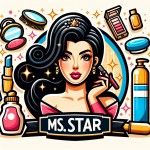 یه تصویر لوگو برای ارایشی بهداشتی باعکس خانم و جزییات لوازم ارایشی بهداشتی و اسم ms. Star