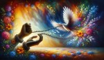 یک عکس انتزاعی از مفهوم آزادگی و عزت درست کن، در عکس از گل ها و پرنده ای رنگارنگ استفاده کن که به پای آن زنجیری وصل است و در حال اوج گرفتن است، از انسان ها استفاده نکن