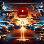 یک چنل آرت برای بالای چنل یوتیوب بساز که موضوع آن مقایسه ی ماشین ها میباشد و یک عکس subscribe یوتیوب هم گوشه ی تصویر باشد و متنه داخل پرانتز هم روی عکس باشد (cars vs) و اندازه ی تصویر  یوتیوب برای چنل آرت 2560 پیکسل عرض در 1440 پیکسل طول باشد