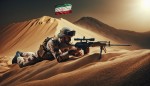 سرباز ایرانی  با لباس  خاکی مربوط به جنگ عراق ایران که با یک تفنگ اسنایپری به روز و شیک بروی یک تپه خاکی داره به سینه خوابیده و داره نشونه میگره و یک پرجم  جمهوری اسلامی ایران‌هم تو منظره ازراه دور بروی یه تپه دیگه باشه.