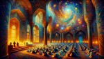 یه عکس از نماز جماعت بساز به سبک ایران قدیمی، رنگارنگ و آسمانش مانند آسمان ونگوگ باشد