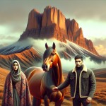 تصویر شیرین و فرهاد در کنار کوه بیستون به همراه اسب رخش رستم