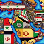 تصویری از موقعیت کشور فلسطین ایران عراق 
و یمن سوریه لبنان در نقشه خاورمیانه و بک گراند همه کشور رنگ پرچم همان کشور به 
 همراه نماد آن کشور بکش