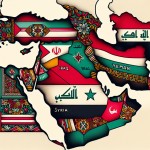 تصویری از موقعیت کشور فلسطین ایران عراق و یمن سوریه لبنان در نقشه خاورمیانه و بک گراند همه کشور رنگ پرچم همان کشور