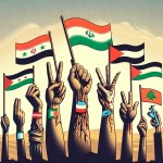 تصویر ۷ دست که آستین هر یک تصویر پرچمی از یک کشور است. دست یکی پرچم ایران یکی پرچم یمن یکی پرچم سوریه یکی پرچم فلسطین یکی پرچم لبنان یکی پرچم عراق  و یکی پرچم افغانستان