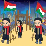 سه پسر 10 ساله ایرانی و عراقی و فلسطینی در میان عزاداران حسینی در حال حرکت به سمت حرم امام حسین در مسیر پیاده روی اربعین در میان موکب ها و پرچم های عزاداری