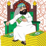 شیخی که در حال شمارش پول های خود بر روی تاج و تخت  سلطنتی خود دراز کشیده