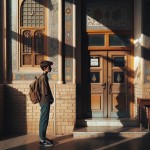 در درب ورودی یک مدرسه در تهران، دانش آموز نوجوانی پسری منتظر باز شدن در مدرسه است.