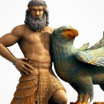 کوروش بزرگ هخامنشی و یک Griffin که در کنار او است و دارد به دوربین نگاه می کند (سه بعدی با استفاده از رنگ های اشرافی)