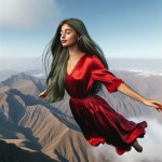 یک دختر با موهای بلند سبز با لباس حریر قرمز در آسمان یک کوهستان پهناور پرواز می کند
