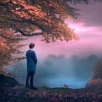منظره‌ای پاییزی که یک انسان واستاده و به منظره نگاه میکنه