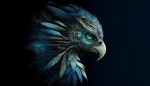 "Create a close-up portrait of a Simurgh, focusing on the lower one-third of its face. One half of the bird's face should be transformed into a cybernetic, motherboard-like structure with intricate circuits and lines. The cybernetic part should feature glowing blue and teal accents, contrasting with the organic feathers and natural textures on the other half. Use a dark background to emphasize the fusion of natural and technological elements."