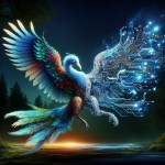 "Create an image of a Simurgh, a mythical Persian bird, where one half of the bird is transformed into a cybernetic, motherboard-like structure. The cybernetic part should have intricate lines and circuits, resembling a motherboard, with glowing accents in blue and teal. The other half should retain the traditional, majestic look of the Simurgh, with feathers and organic textures. Use a dark background to highlight the contrast between the natural and technological aspects."