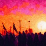 Create a digital watercolor painting of pilgrims walking towards Karbala for Arbaeen at sunset. The scene should focus on the silhouettes of the pilgrims, with women in black abayas and men carrying a large black flag. The sky should feature a blend of warm orange and pink hues, with a strong glow from the setting sun, creating a dramatic and serene atmosphere. The pilgrims should be shown walking through a vast desert with soft sand dunes and sparse vegetation, all moving in the same direction