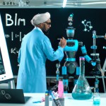 ابن سینا در یک آزمایشگاه مدرن و زیبا در حال انجام یک آزمایش به کمک یک ربات هوش مصنوعی است و اون ربات هم در حال یادداشت کردن معادلات شیمیایی بر روی تخته است.