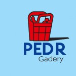 یک لوگو با عکس فروشگاه مواد غذایی با اسم PEDAR با پس زمینه ابی و طراحی قرمز