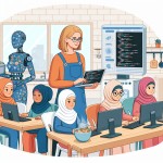 یک عکس می خواهم که استادی می خواهد برای جمعی از مادرها نحوه استفاده از هوش مصنوعی را آموزش دهد . برنامه ریزی و آشپزی را از هوش مصنوعی بیاموزند. استاد خانم باشد. خانم ها هم همه به نوعی حجاب داشته باشند .