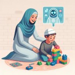 مادری حجاب دار با کمک هوش مصنوعی می خواهد با کودک 4 ساله خود بازی کند