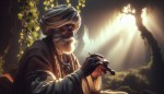 عکس عبدالرحمان جامی شاعر و موسیقی دان ایرانی رو در زمان پیری با عمامه در طبیعت رو بیاز