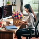 یک دختر برنامه نویس که یک باکس گل هدیه گرفته و روی میزش گذاشته
