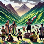 یک عکس از کودکان ایرانی با لباس های بختیاری چوپانی راه راه و شلوار مشکی گشاد و اقوام مختلف که در دامنه های سرسبز زاگرس مشغول بازی هستند و پرچم ایران در دست دارند