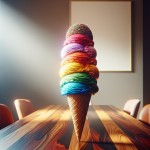 یک لیوان بستنی رنگی روی یک میز در یک اتاق