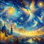"Create a vibrant, Van Gogh-style sky with swirling stars and rich blues, blending smoothly with soft golden and white tones. The scene should include ethereal angels gracefully flying through the sky, subtly illuminated by the starry background, adding a touch of divine light. The entire atmosphere should feel mystical and spiritual, with some areas slightly brighter to symbolize celestial illumination over the Mosque of the Prophet."