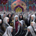 جمعی از زنان با چادر ایرانی اطراف یک آخوند هستند