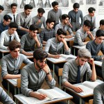 بیست دانش آموز ایرانی که کلاس نهم هستند و در کلاس مطالعات اجتماعی هستند و پیراهن سورمه ای و شلوار مشکی پوشیدن و خیلی خوش تیپ هستند و فضای کلاس هم خیلی زیباست.