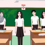 بیست دانش آموز ایرانی که کلاس نهم هستند و در کلاس مطالعات اجتماعی هستند و پیراهن سورمه ای و شلوار مشکی پوشیدن و خیلی خوش تیپ هستند و فضای کلاس هم خیلی زیباست و پرچم ایران به شکل زیبایی پشت سرشون هست.