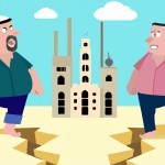 یک امریکایی چاق بزرگ در حال خراب کردن خانه فلستینی و یک عرب با پای گنده در کویر در حال ساخت مسجد